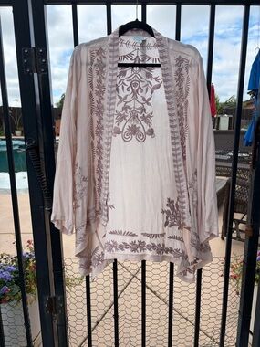 Sundance Embroidered Open-Front Kimono Cardigan - Dusty Blush